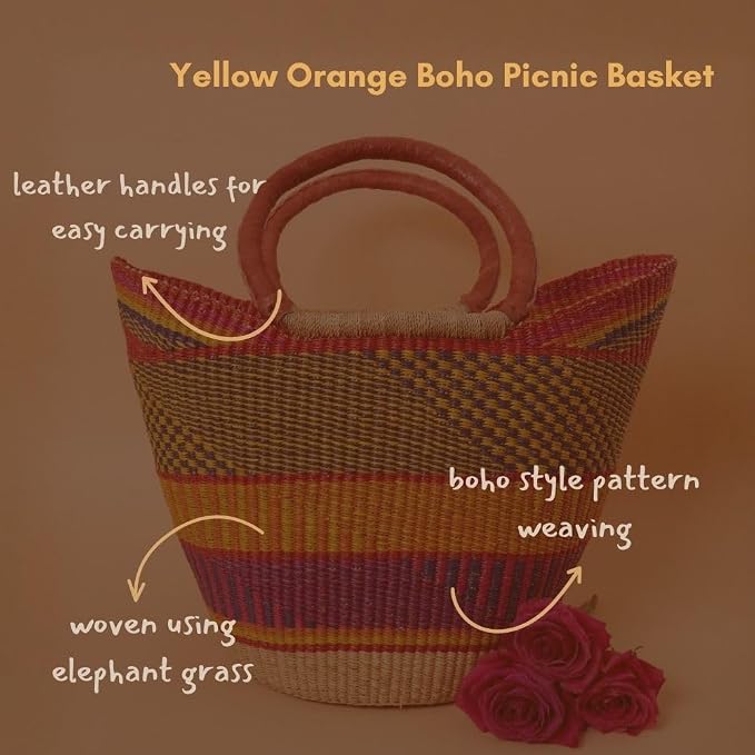Yellow Orange Picnic Basket, Kitchen & Dining Storage, Reusable Grocery Bag - Image 3