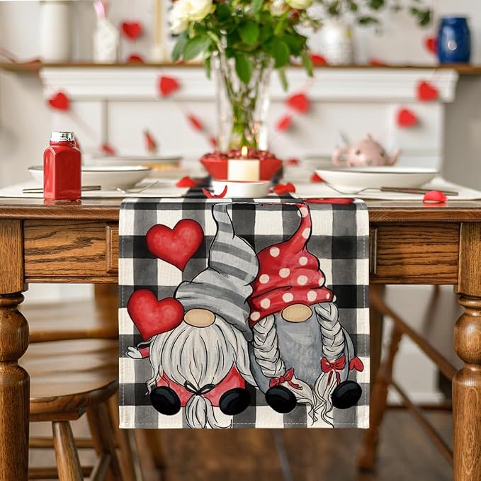 Artoid Mode Watercolor Buffalo Plaid Hearts Gnomes Love Valentine's Table Runner - Image 2