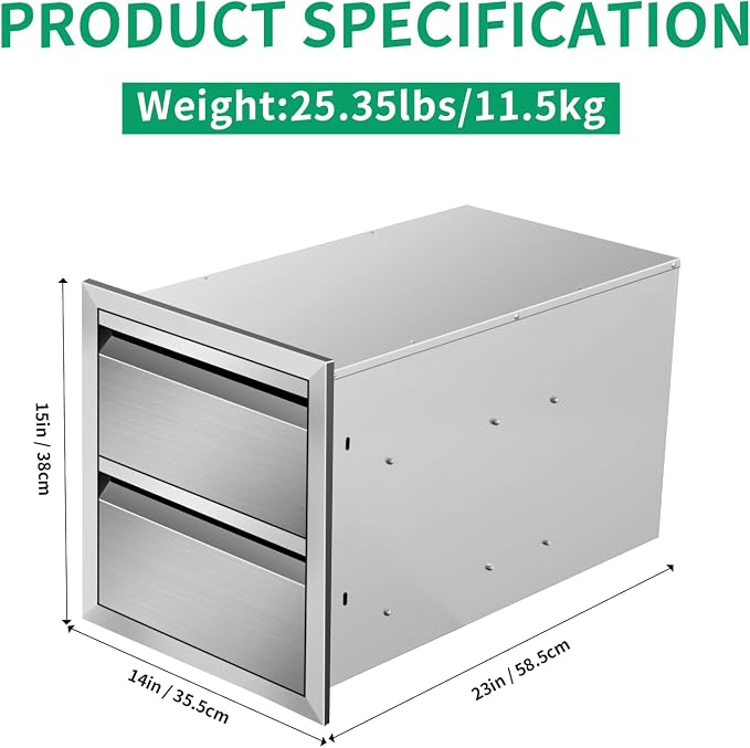 Outdoor Kitchen Drawers 14" W x 15" H x 23" D Stainless Steel Double Drawers - Image 2