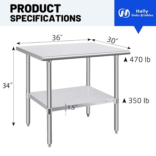 Hally Stainless Steel Table for Prep & Work 30 x 36 Inches, NSF Commercial - Image 3