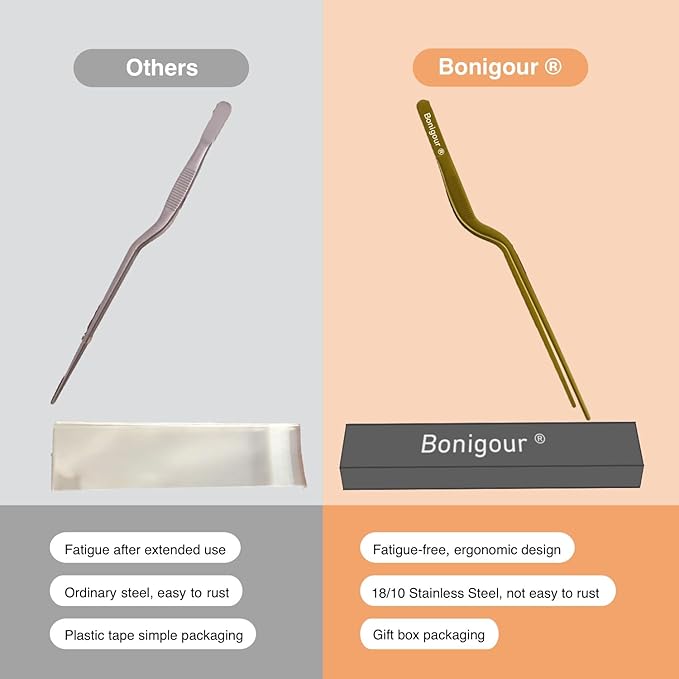 Tongs: Gold Stainless Steel Offset Precision Tweezers, 9.3-Inch