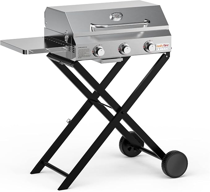 BBQ Gas Grill 3-Burner with Foldable Cart & Side Table, Portable Propane Grill by ONLYFIREGRILLS