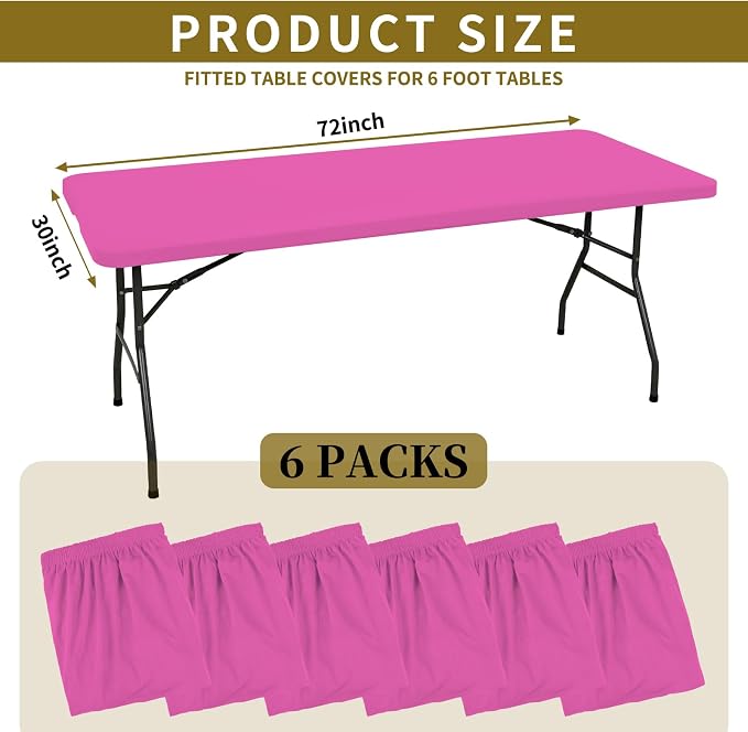 6 Pack Fitted Tablecloth for 6 Foot Rectangle Tables, Hot Pink Elastic Outdoor - Image 2
