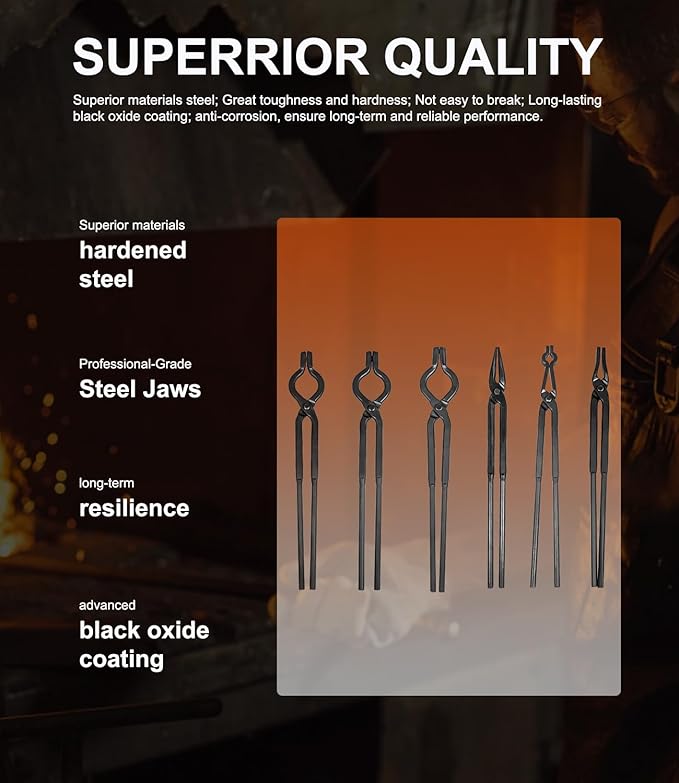 Tongs Blacksmith Forge Set, 6 Piece Alloy Steel with V-Bolt Jaws