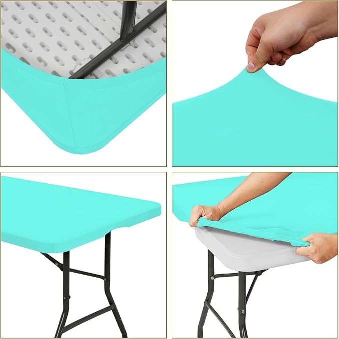 10 Pack Fitted Tablecloth for 8 Foot Rectangle Tables, Aqua Blue Elastic - Image 6