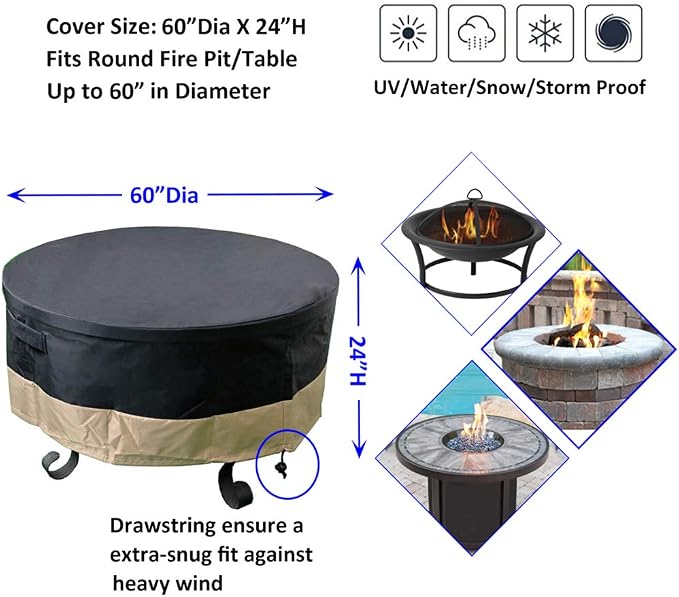 60 Inch Heavy Duty Waterproof Round Fire Pit/Table Cover, Weather Resistant - Image 2