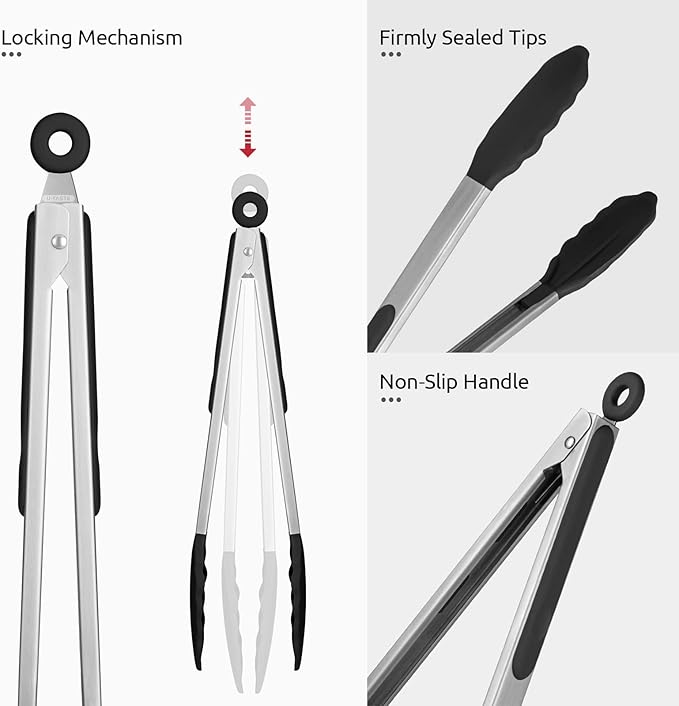 Tongs with Silicone Tips, Locking Tab and Stainless Steel Handles, Black