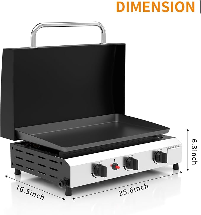 3 Burner BBQ Gas Griddle with Hood, 25.6 Inch Stainless Steel Portable - Image 6