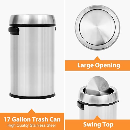 GarveeHome 17 gal/65 L Swing Top Trash Can, Stainless Steel Rubbish Bin - Image 4