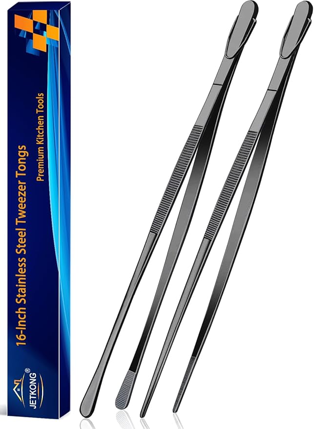 Tongs Set of 2, 16-Inch Black Stainless Steel Grilling Tweezers