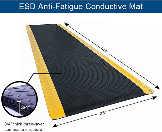 3' x 12' ESD Anti-Fatigue Conductive Mat, Durable Heavy Duty Diamond Plate - Image 2