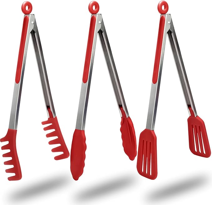 Tongs 3 Piece Set with Silicone Tips and Locking Pull Ring, 12 Inch Red
