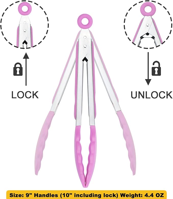 Tongs 3-Pack, 9-Inch Pink Silicone Tips with Stainless Steel Handles