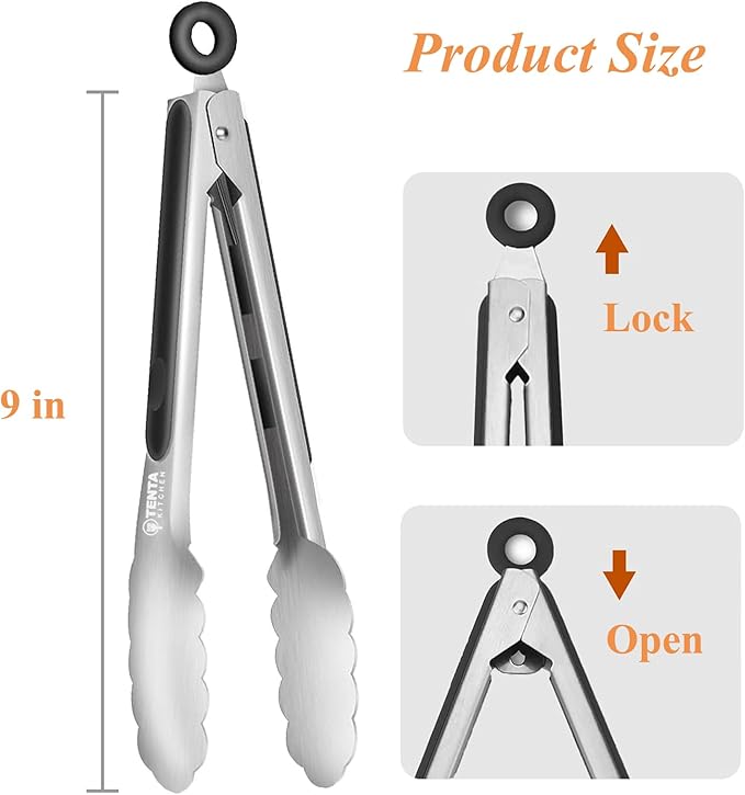 Tongs, 9-Inch Food-Grade Stainless Steel with Locking Ring, Set of 4