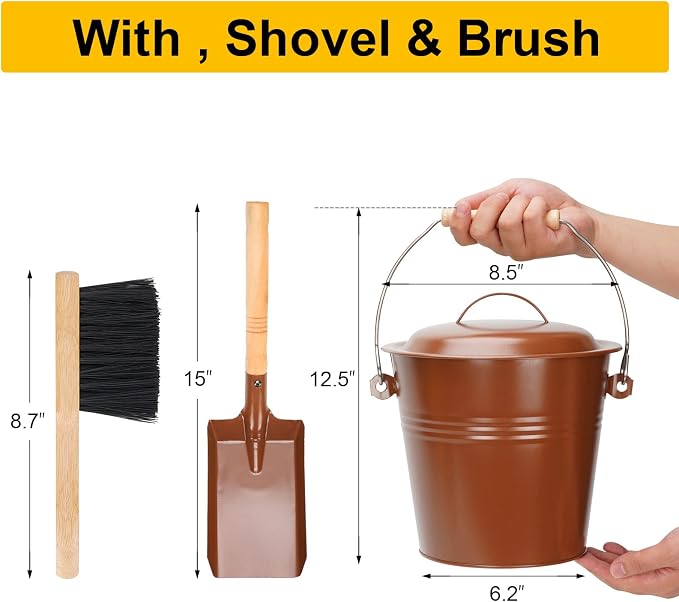 Mini Ash Bucket with Lid, 1.5-Gallon Pail with Shovel and Hand Broom, Metal - Image 4