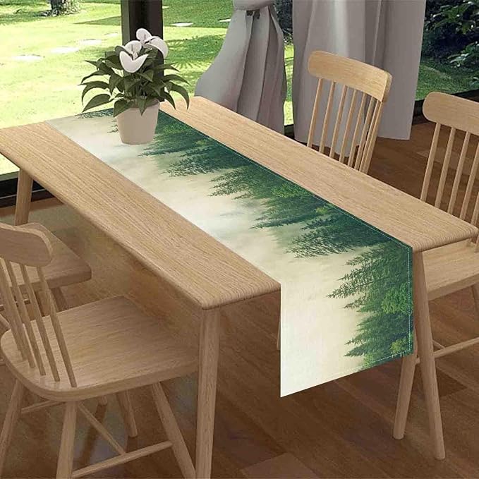 Forest Table Runner, Rustic Farmhouse Misty Pine Tree Woodland Jungle Mountain - Image 2