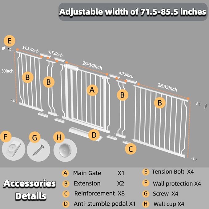 TSAYAWA Baby Gate Extra Wide Fits 71.5-85.8 inch Wide Opening - Image 2