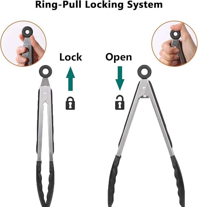 Tongs 9 and 12 Inch Black Stainless Steel with Silicone Tips