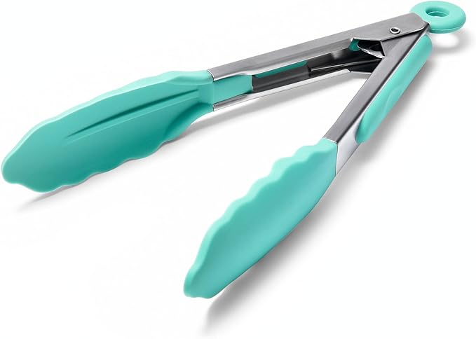 Tongs with Silicone Tips, 10.51-Inch Stainless Steel Locking Tongs, Aqua Sky