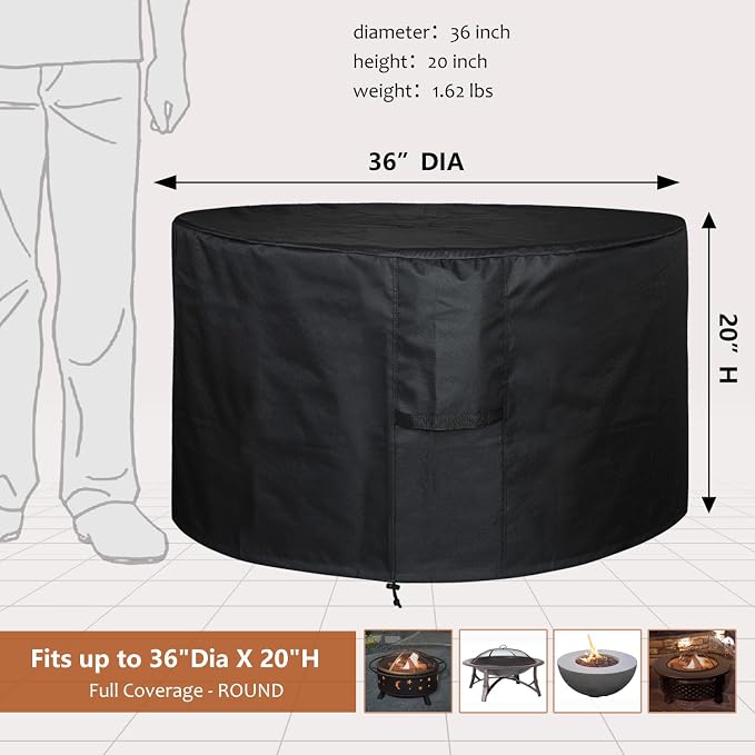 SheeChung Fire Pit Cover Round 36”D X 20”H, Heavy Duty 600D Polyester Outdoor - Image 2