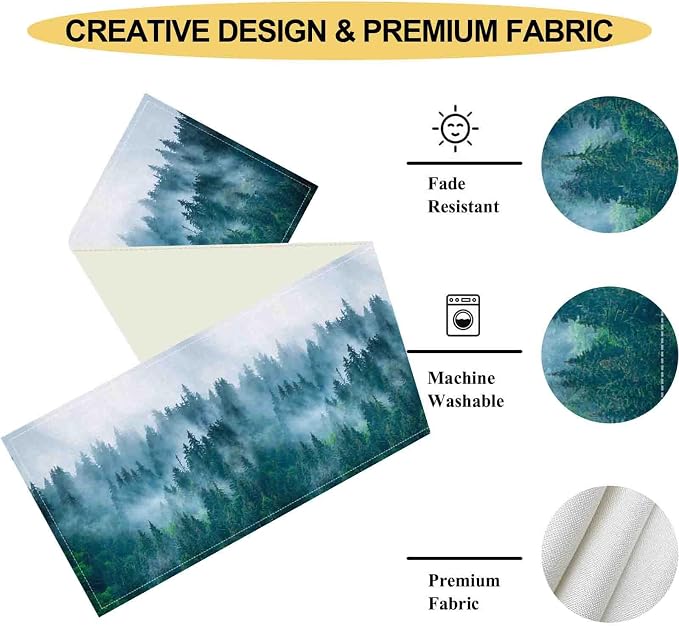 Forest Table Runner, Rustic Farmhouse Misty Pine Tree Woodland Mountain Country - Image 5