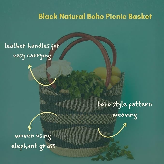 Black Natural Picnic Basket, Reusable Grocery Bag, Kitchen & Dining Storage - Image 3