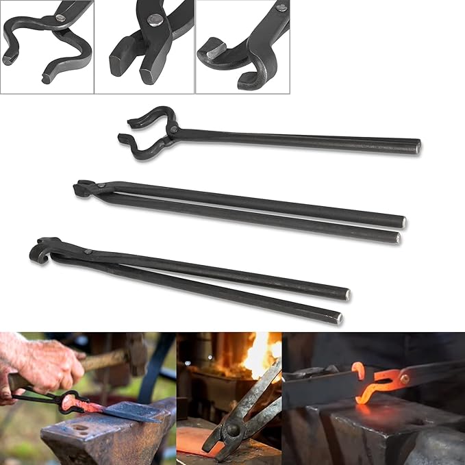 Tongs 3-Piece Blacksmith Set in Alloy Steel, V-Bit and Blade Styles