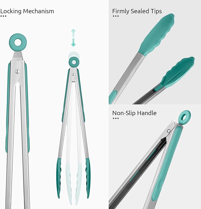 Kitchen Tongs with Silicone Tips, 12 Inch, Aqua, Heat Resistant