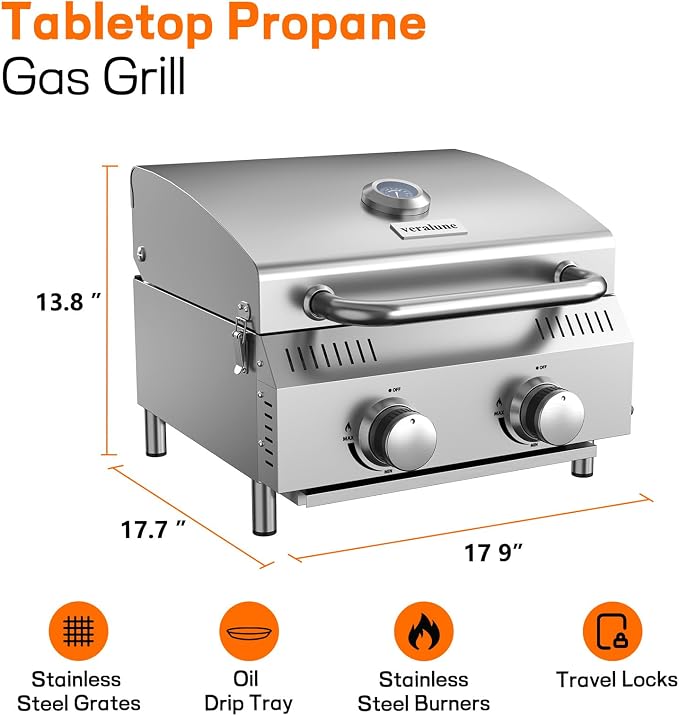 Veralune 2 Burner Tabletop Gas Grill, 000 BTUs Stainless Steel Portable Propane - Image 2