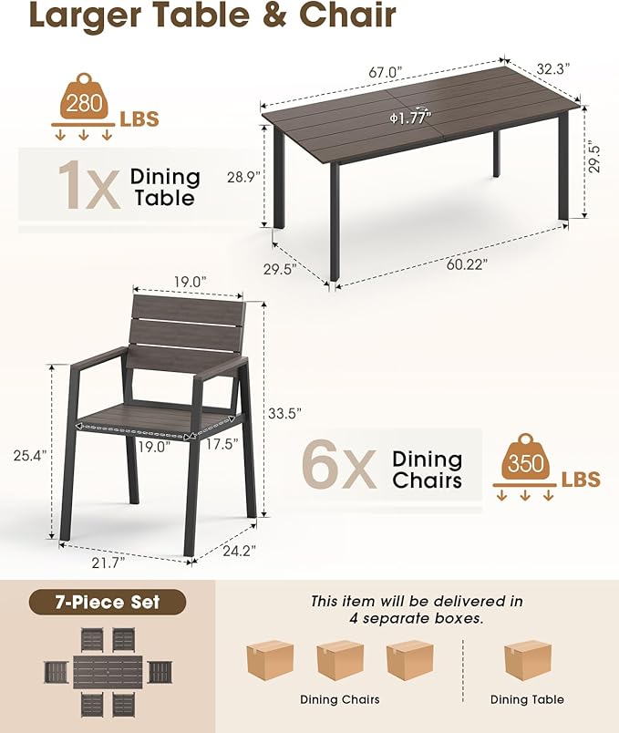 Patio Outdoor Dining Set for 6, Aluminum 7 Piece HDPS Outdooor Table and Chairs - Image 6