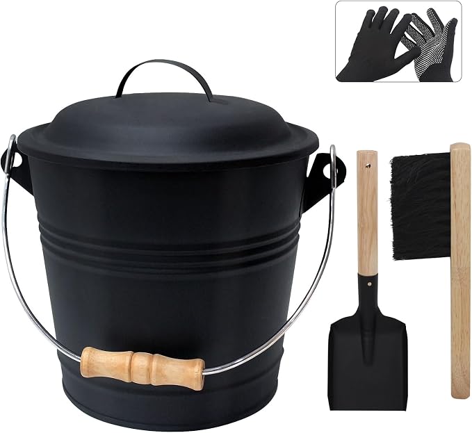 Poofzy Ash Bucket with Lid, Small Fireplace Ash Bucket with Lid and Shovel by Poofzy