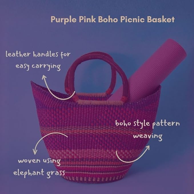 Purple Pink Picnic Basket, Reusable Grocery Bag, Kitchen & Dining Storage - Image 3