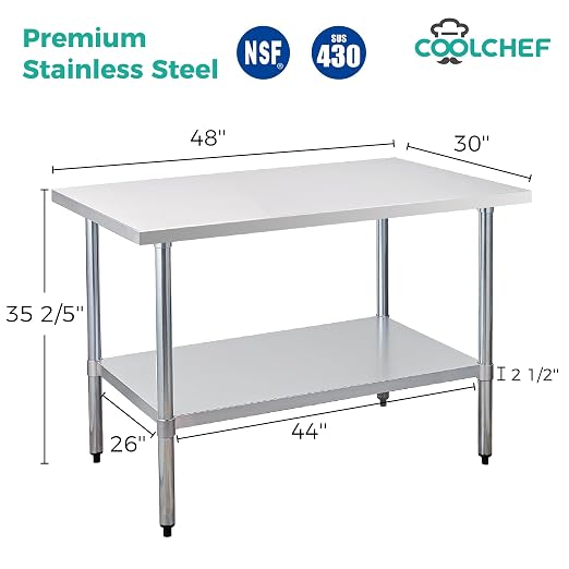Stainless Steel Work Table 30 x 48 Inch, NSF Commercial Prep Table - Image 2
