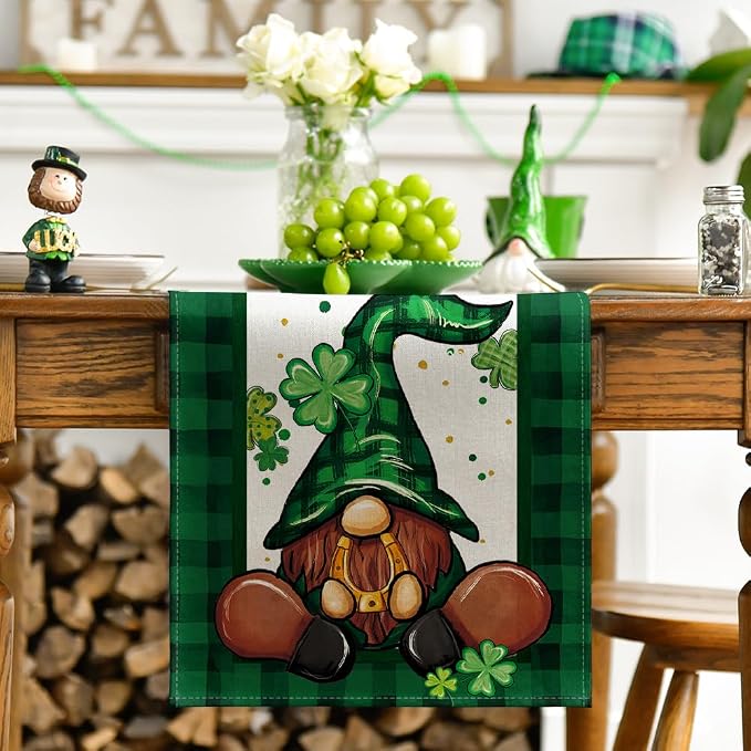 Artoid Mode Shamrock Buffalo Plaid Gnomes Lucky St. Patrick's Day Table Runner - Image 2