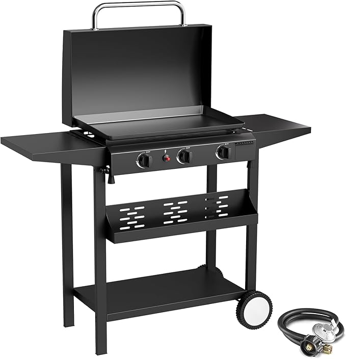 3 Burner BBQ Gas Griddle with Hood, 25.6 Inch Stainless Steel Portable by ADREAK