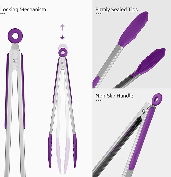 Tongs with Silicone Tips, Locking Stainless Steel, Purple