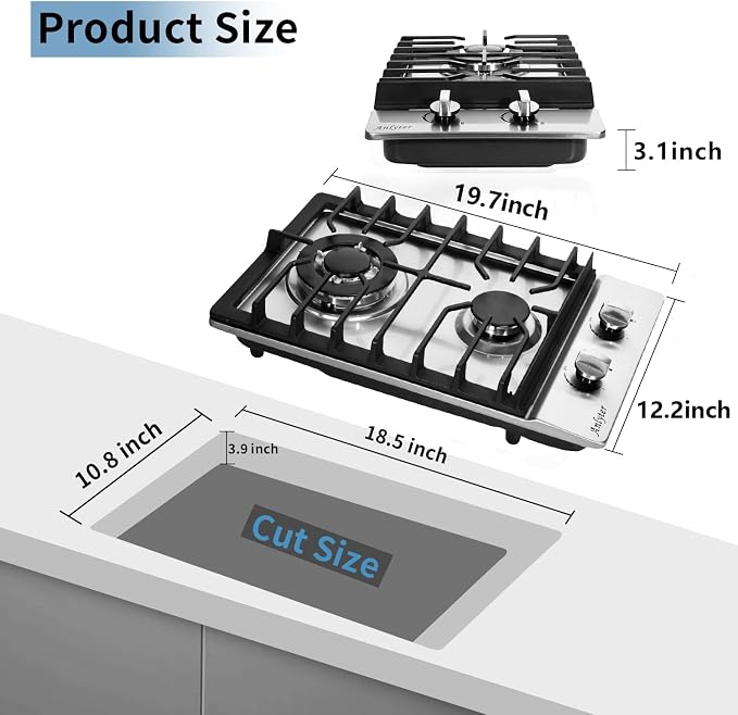 12 Inch Gas Cooktop, 2 Burners Built-in Gas Stovetop Stainless Steel Gas Stove - Image 4