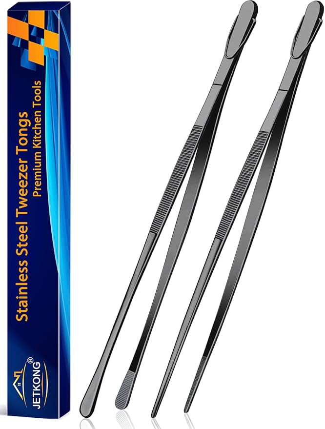 Tongs, 14-Inch Stainless Steel Black 2-Pack for Grilling and Cooking