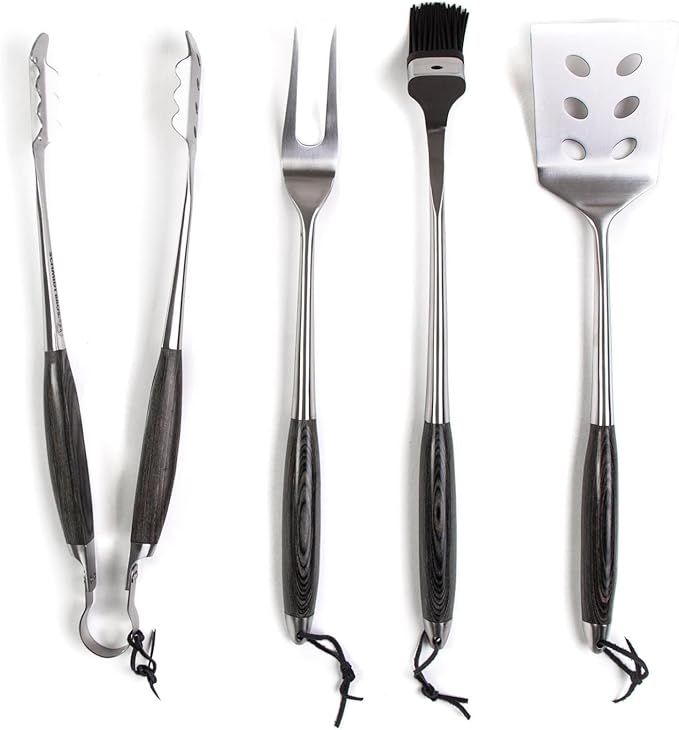 Barbecue Tool Set, 4-Piece Stainless Steel with Ash Wood Handles