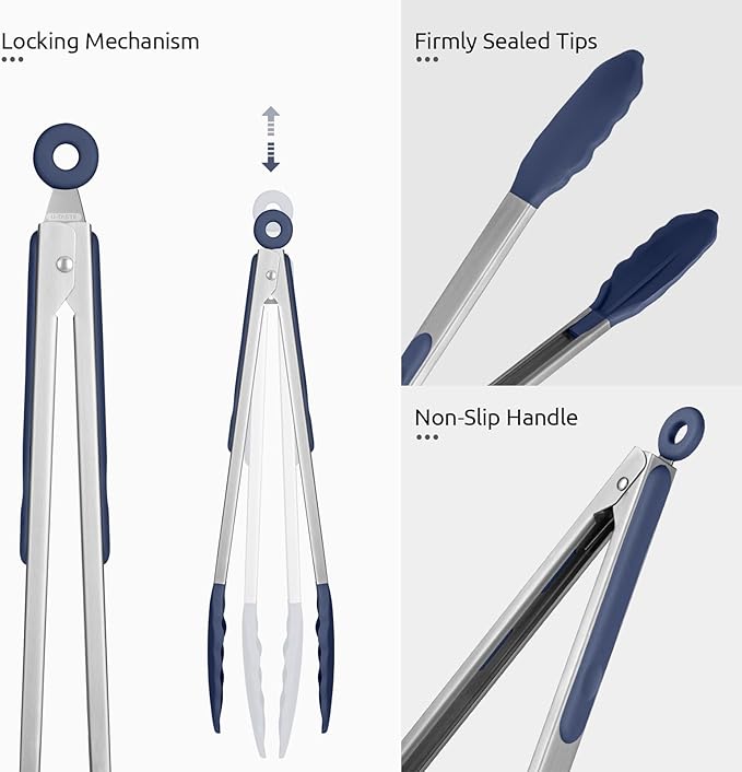 Tongs with Silicone Tips, Lockable Design, Midnight Blue Finish