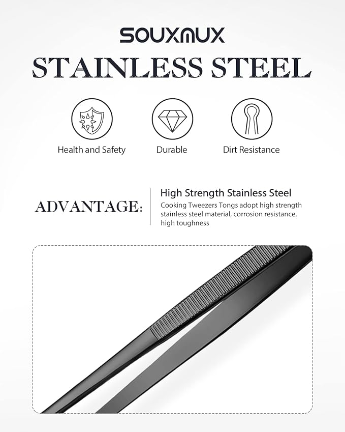 Tweezer Tongs Set, 2-Piece Stainless Steel, Offset and Fine Tip, Black