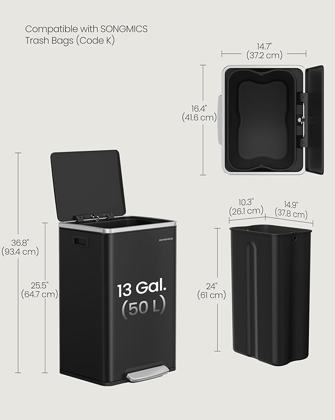 SONGMICS Trash Can, 13-Gallon Gabbage Can, - Image 6