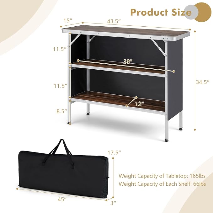 Folding Aluminum Picnic Table with Carry Bag and 2 Shelves