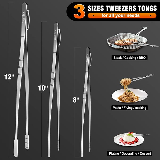 Tweezer Tongs, 3-Piece Stainless Steel Set in 8, 10 and 12 Inch