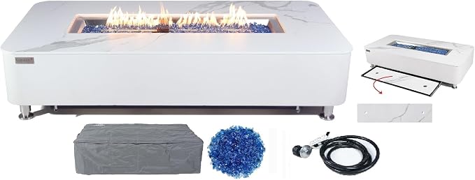 Elementi+ | Athens Gas Fire Pit | Cast Concrete Body & Marble Porcelain Top | by AMSFireplaceInc