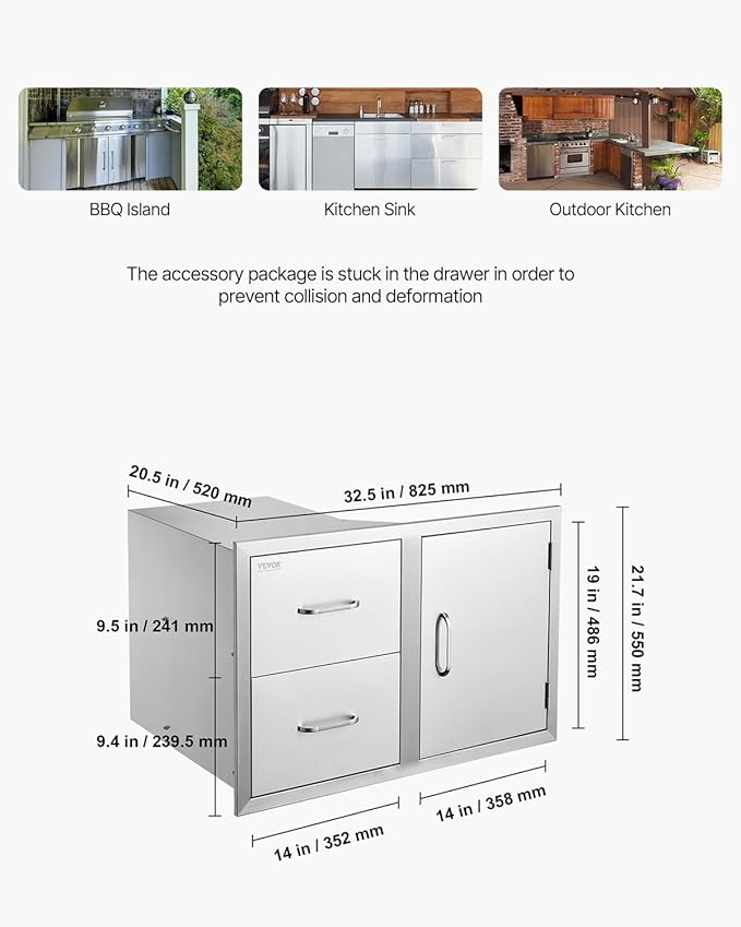 VEVOR Outdoor Kitchen Door Drawer Combo, 32.5" Wx21.7 Hx20.5 D, Access Door - Image 3