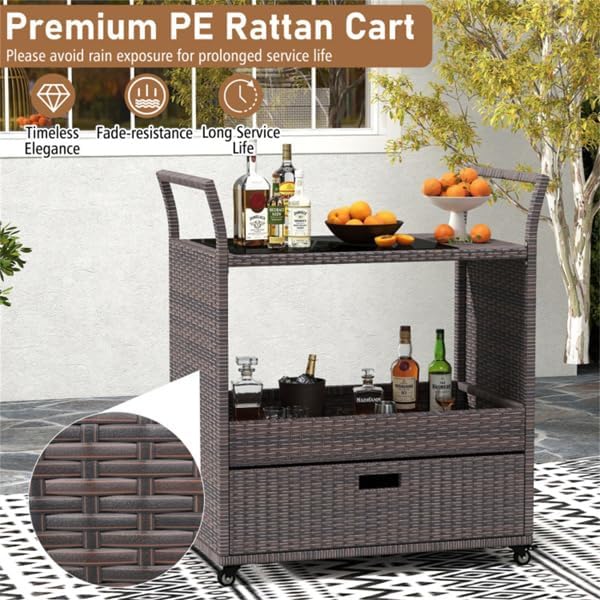 Outdoor Wicker Bar Cart with Drawer, PE Rattan Serving Trolley with Glass Top & - Image 3