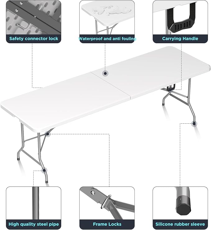 HLPB Folding Table Picnic Table, 8 ft Portable Camping Table - Image 3