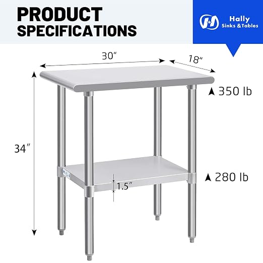 Hally Stainless Steel Table for Prep & Work 30 x 18 Inches, NSF Commercial - Image 3