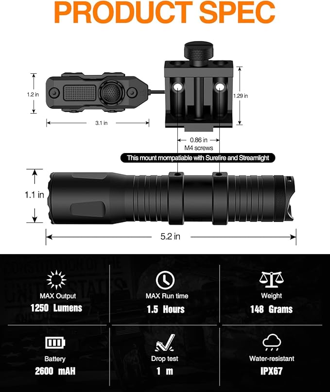 TOUGHSOUL Mlok Picatinny Tactical Flashlight 1250 Lumens, Rechargeable - Image 2